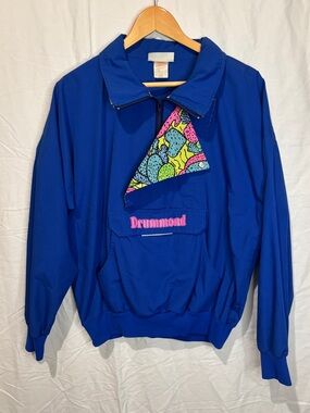 Vintage 80s Blue Pullover Windbreaker Drummond Retro Pattern Jacket L